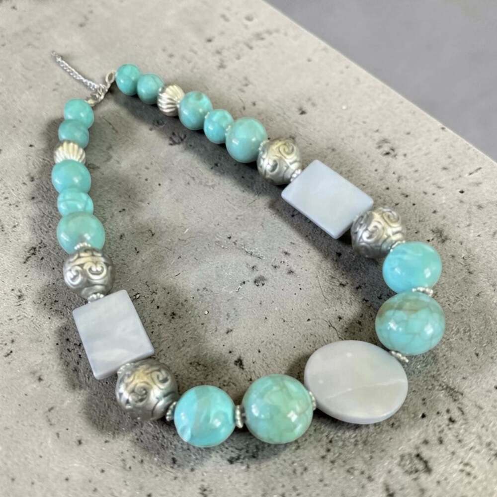 Turq. Style Beaded Necklace w/ Silver-Tone Bali Beads & Mother of Pearl Accents